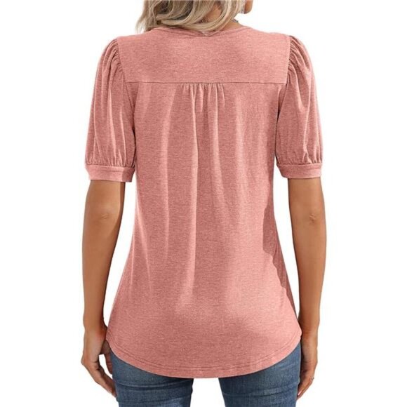 Women's Puff Short Sleeve Tunic Tops Pleated Crew Neck Blouses Casual Loose - Picture 2 of 6